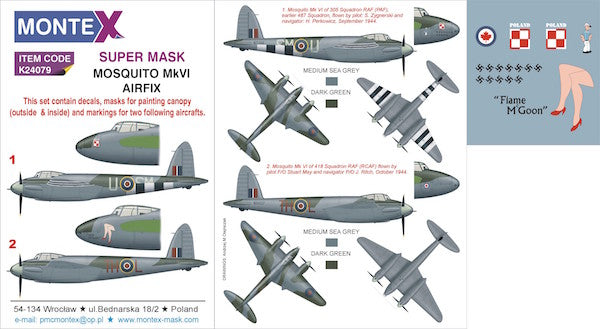 Montex K24079 1:24 Mosquito Mk.VI 2 canopy mask + insignia and markings masks + decals