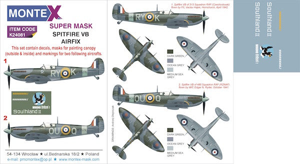 Montex K24081 1:24 Spitfire Mk.VB 2 canopy mask (interior and exterior canopy frame mask) + insignia and markings masks + decals