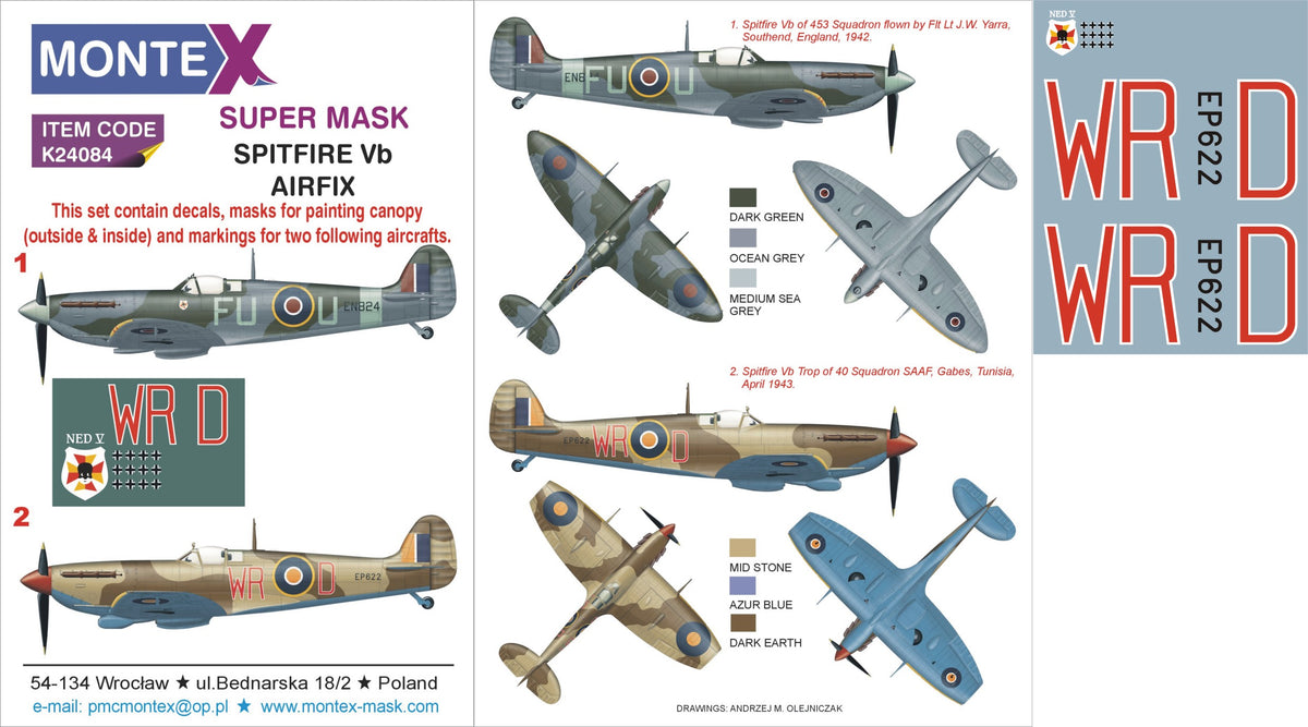 Montex K24084 1:24 Supermarine Spitfire Mk.Vb 2 canopy mask + insignia and markings masks + decals