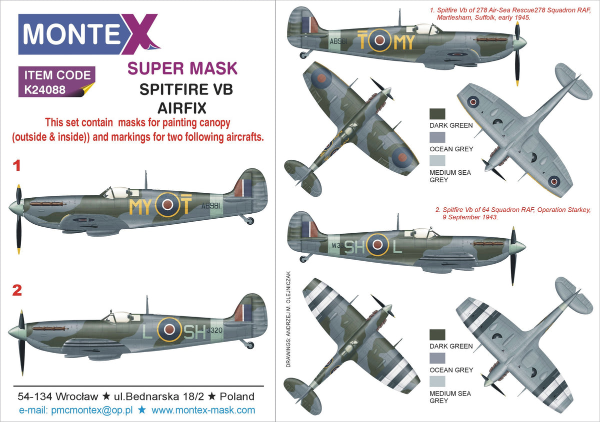 Montex K24088 1:24 Supermarine Spitfire Mk.Vb 2 canopy mask + insignia and markings masks
