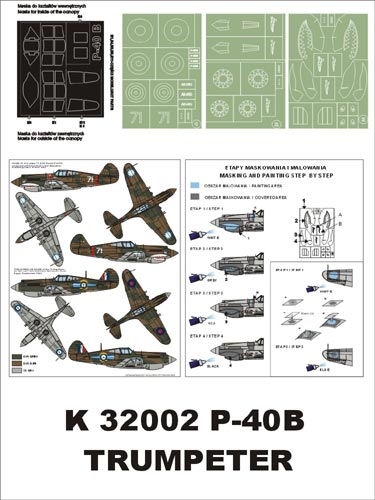 Montex K32002 1:32 Curtiss P-40B Tomahawk (AVG,RAF) canopy frame paint masks + insignia and markings masks