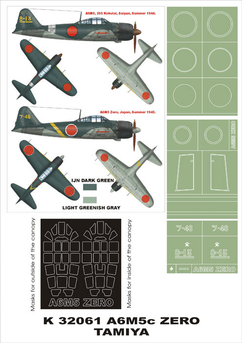 Montex K32061 1:32 Mitsubishi A6M5 Zero type 52 Zeke canopy frame paint masks + insignia and markings masks