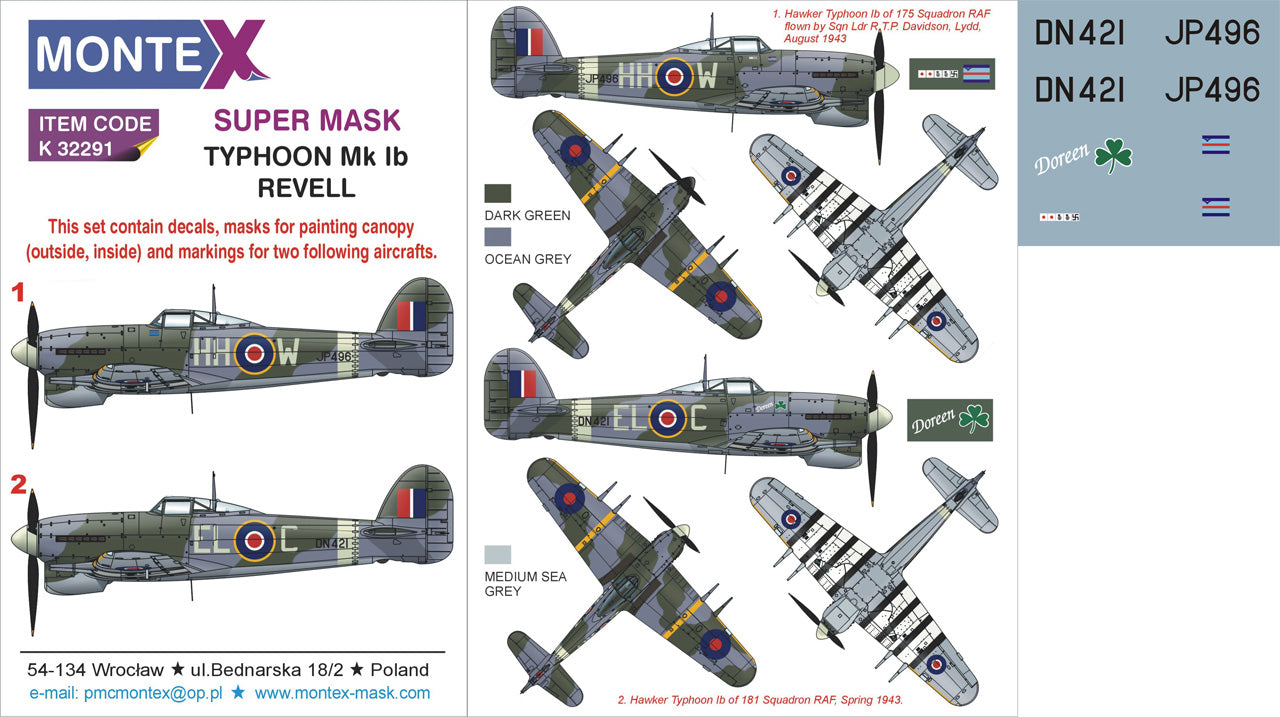 Montex K32291 1:32 Hawker Typhoon Mk.IB car door version 2 canopy frame paint mask insignia and markings masks + dec
