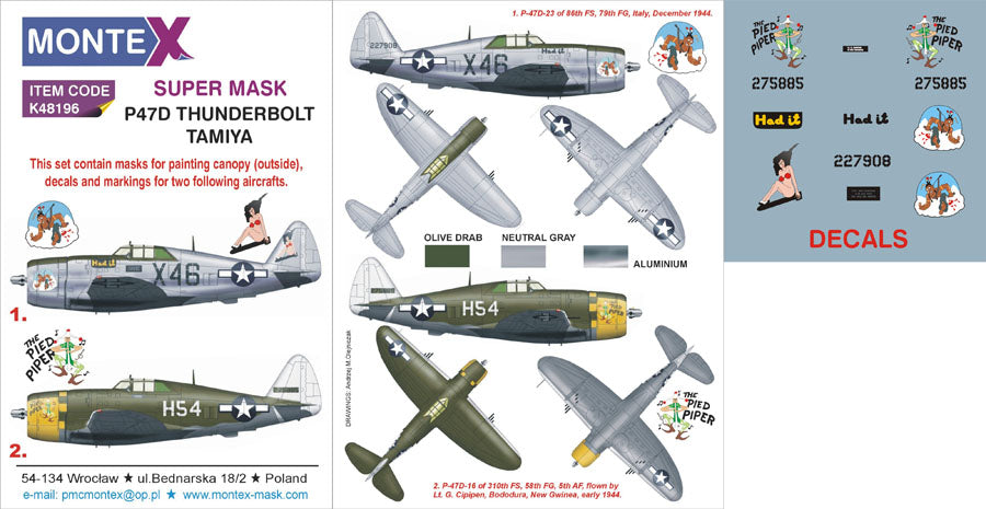 Montex K48196 1:48 Republic P-47D Thunderbolt RAZORBACK 1 canopy mask (exterior) insignia and markings masks + decals