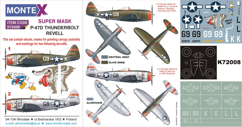 Montex K72008 1:72 Republic P-47D Thunderbolt 1 canopy mask (exterior) + insignia and markings