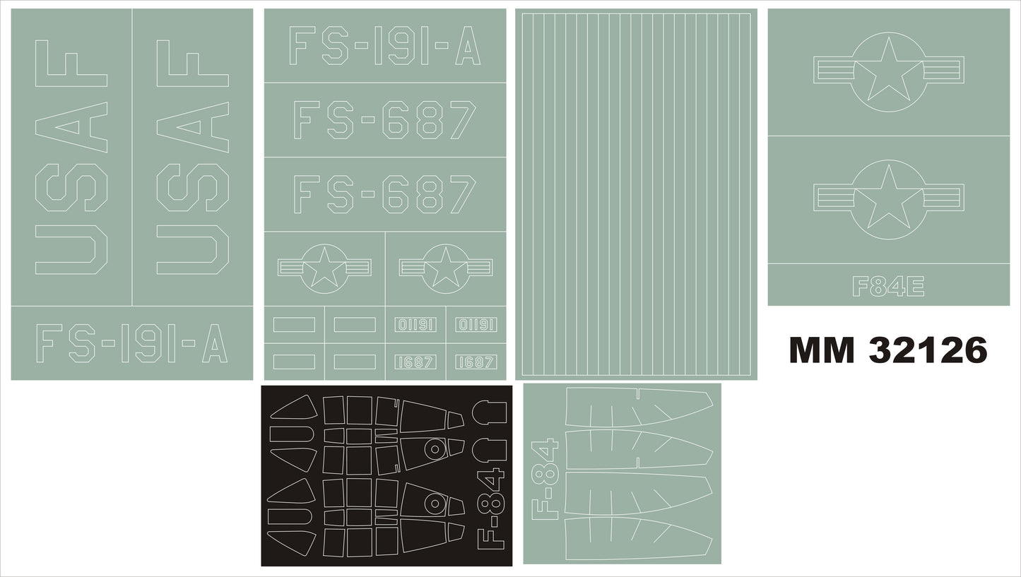 Montex MM32126 1:32 F-84E Thunderjet canopy frame paint masks + insignia and markings masks
