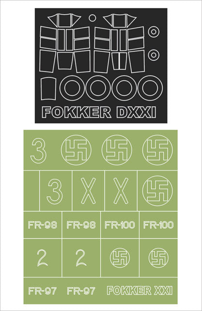 Montex MM48291 1:48 FOKKER D.XXI canopy frame paint masks (inside and outside) + insignia and markings masks