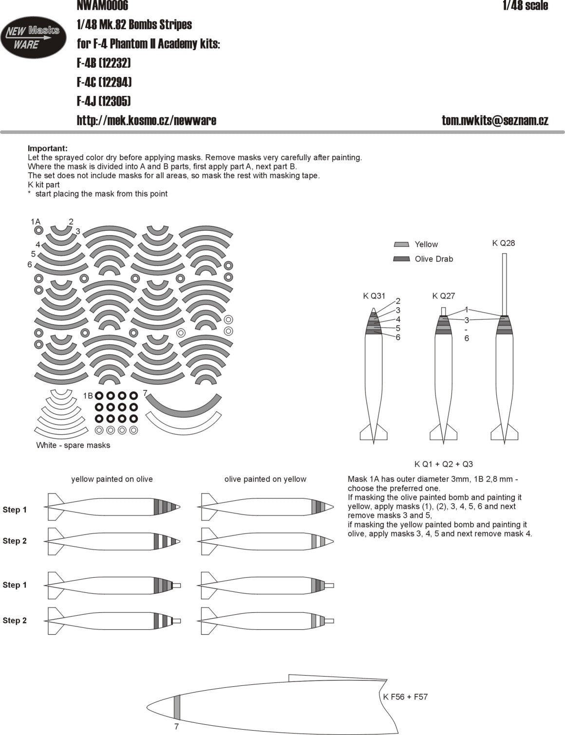 New Ware NWAM0006 1:48 Mk-82 Bombs Stripes paint masks for F-4 Phantom II