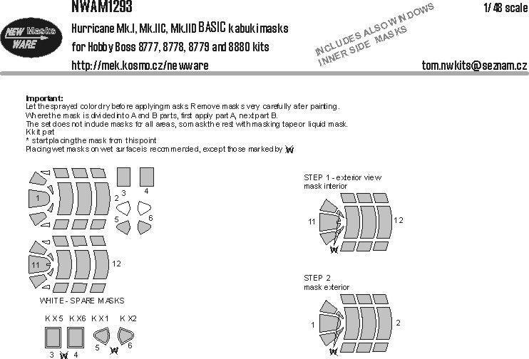 New Ware NWAM1293 1:48 Hawker Hurricane Mk.I/Mk.IC/Mk.IID EXPERT kabuki masks