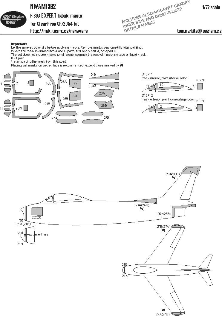 New Ware NWAM1392 1:72 North-American F-86A EXPERT kabuki masks