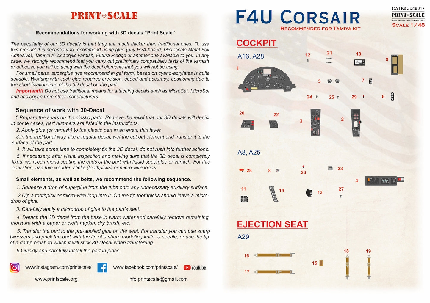 Print Scale 3D48-17 1:48 Vought F4U-1/2 Corsair Instrument panels etc and seat belts