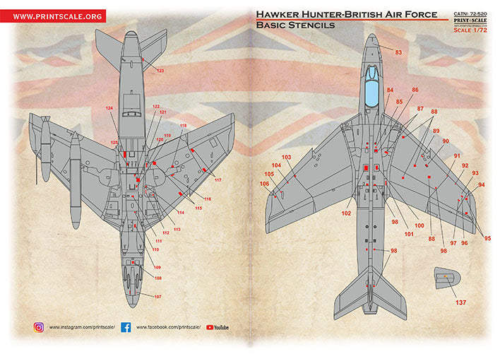 Print Scale 72520 1:72 Hawker Hunter RAF basic stencil