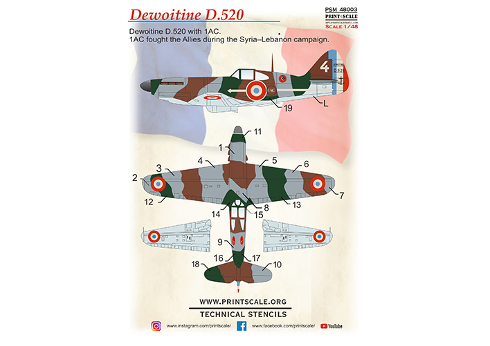 Print Scale PSM48003 1:48 Dewoitine D.520 mask +decal+3D decal