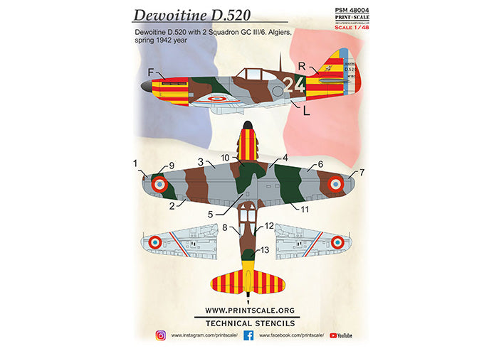 Print Scale PSM48004 1:48 Dewoitine D.520 mask +decal+3D decal
