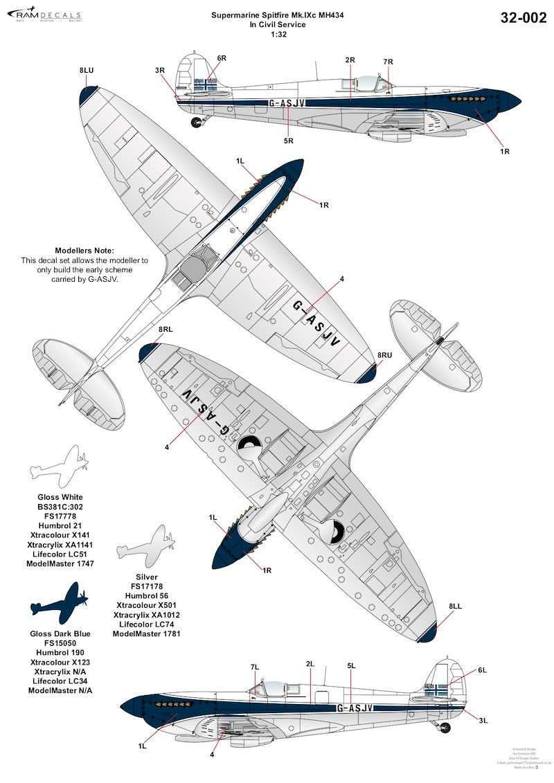 Ram Models M32002 1:32 Supermarine Spitfire MK.IX MH434 In Civi