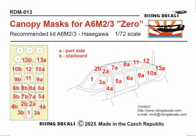 Rising Decals RDM-013 1:72 Canopy Mask for A6M2/A6M3 “Zero†Hasegawa