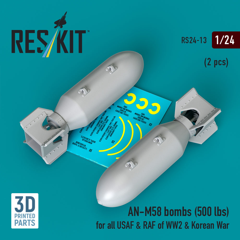 ResKit RS24-0013 1:24 AN-M58 Bombs (500 lbs) for all USAF & RAF of WW2 & Korean War (2pcs)