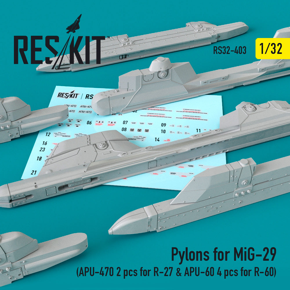ResKit RS32-0403 1:32 Pylons for Mikoyan MiG-29 (APU-470 2 pcs for R-27 & APU-60 4 pcs for R-60)