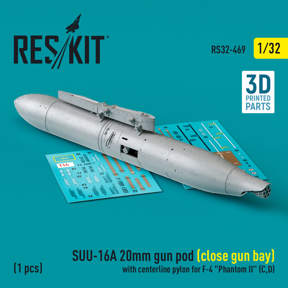 ResKit RS32-0469 1:32 SUU-16A 20mm gun pod (close gun bay) with centerline pylon for McDonnell F-4 Phantom II' (F-4C, F-4D) (1 pc) (3D-Printed)