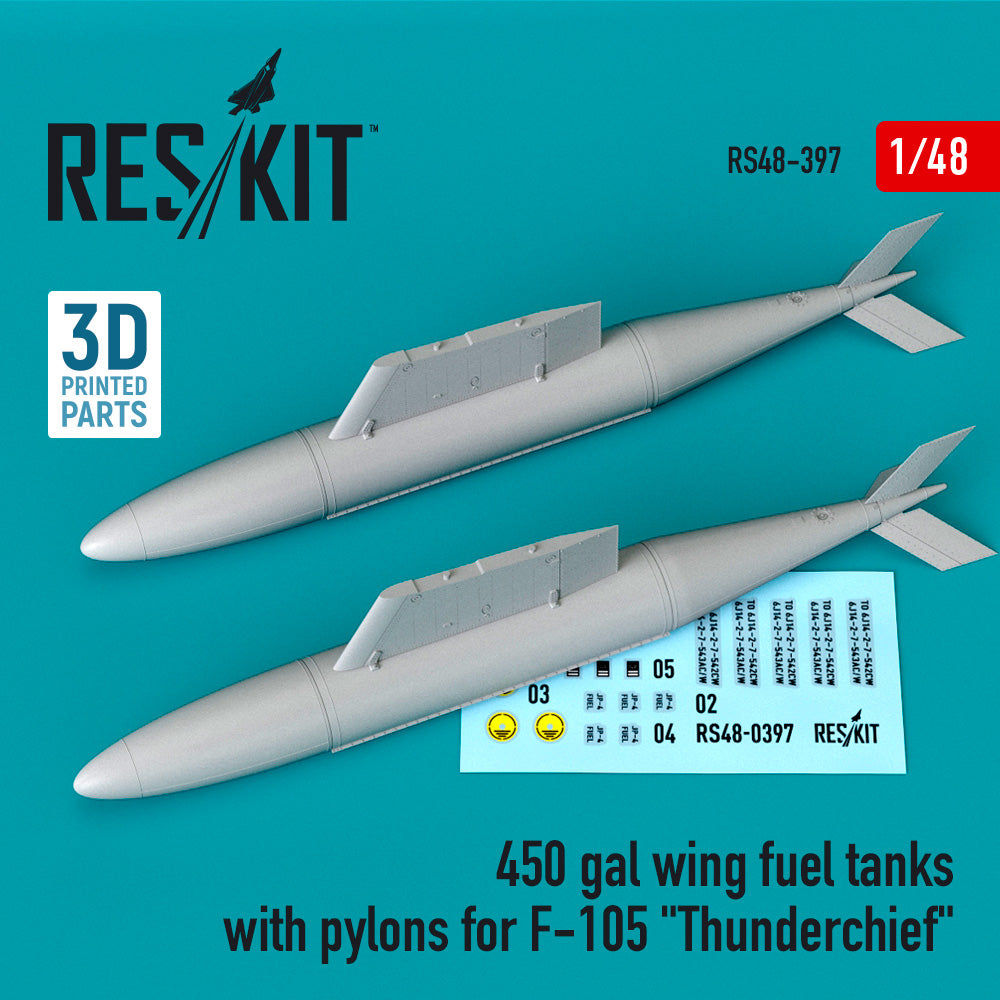 ResKit RS48-0397 1:48 450 gal wing fuel tanks with pylons for F-105D/F-105G Thunderchief (2 pcs)