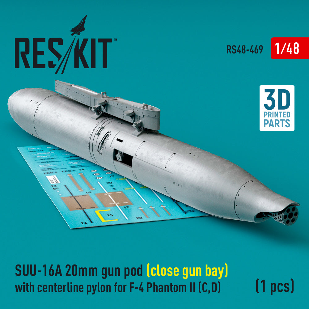 ResKit RS48-0469 1:48 SUU-16A 20mm gun pod (close gun bay) with centerline pylon for F-4 Phantom II (C,D)