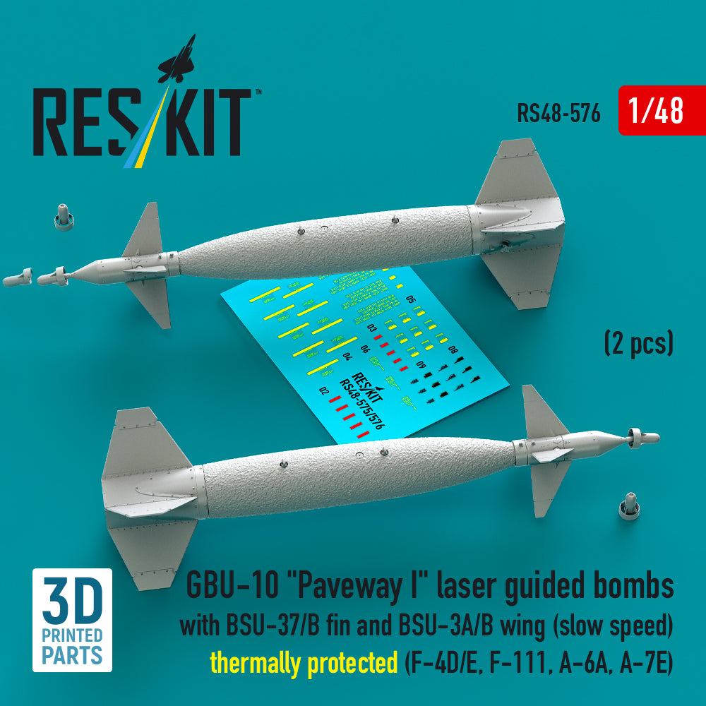 ResKit RS48-576 1:48 GBU-10 'Paveway I' laser guided bombs with BSU-37/B fin and BSU-3A/B wing (slow speed) thermally protected (2 pcs)