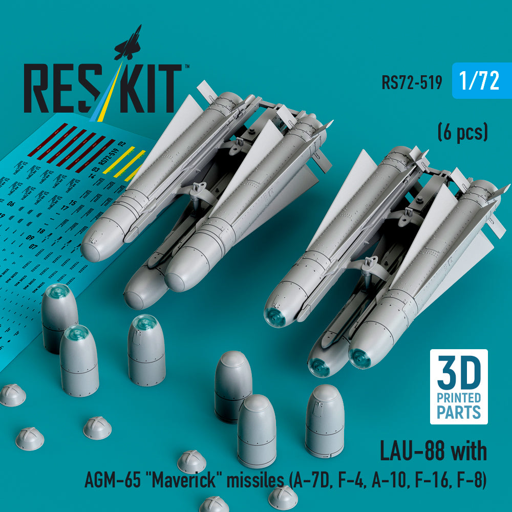 ResKit RS72-0519 1:72 LAU-88 with (2 pcs) AGM-65 'Maverick' missiles (6 pcs)