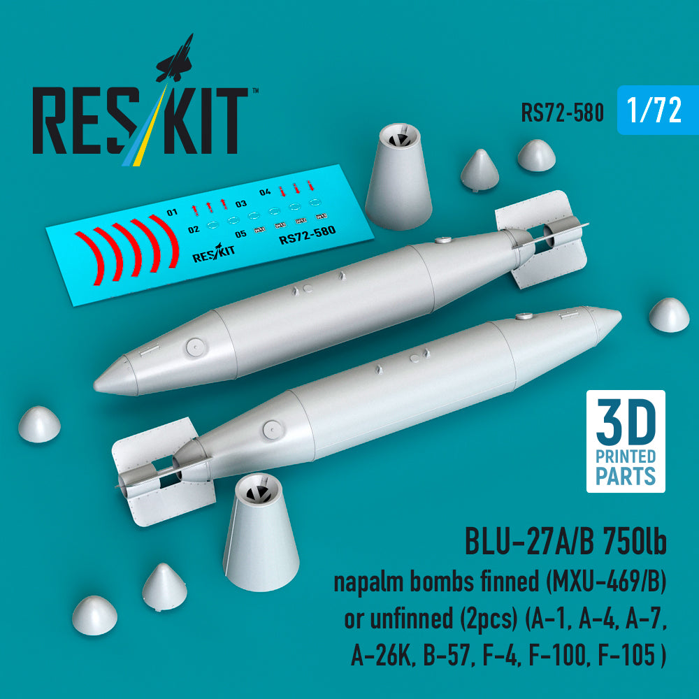 ResKit RS72-580 1:72 BLU-27A/B 750lb napalm bombs finned (MXU-469/B) or unfinned (2pcs)