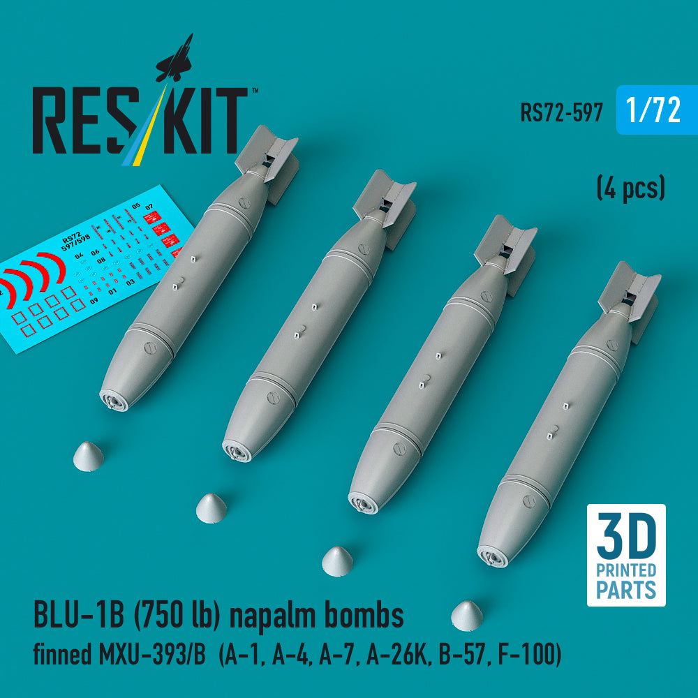 ResKit RS72-597 1:72 BLU-1B (750lb) napalm bombs finned MXU-393/B (4 pcs)