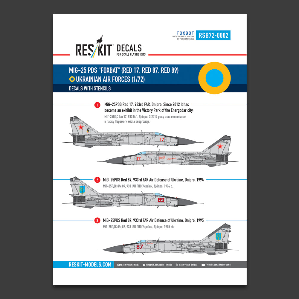 ResKit RSB72-0002 1:72 Mikoyan MiG-25PDS 'Foxbat' (Red 17, Red 87, Red 89) Ukrainian Air Forces (Decals with Stencils)