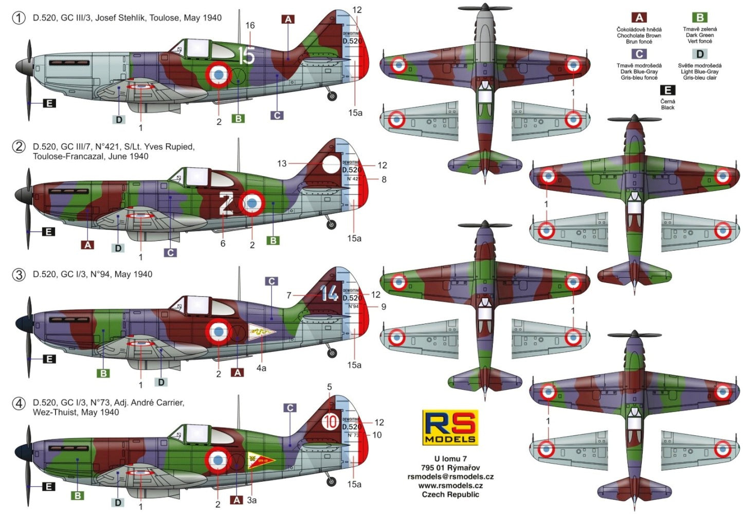 RS Models 92255 1:72 Dewoitine D-520 4 decal versions for France