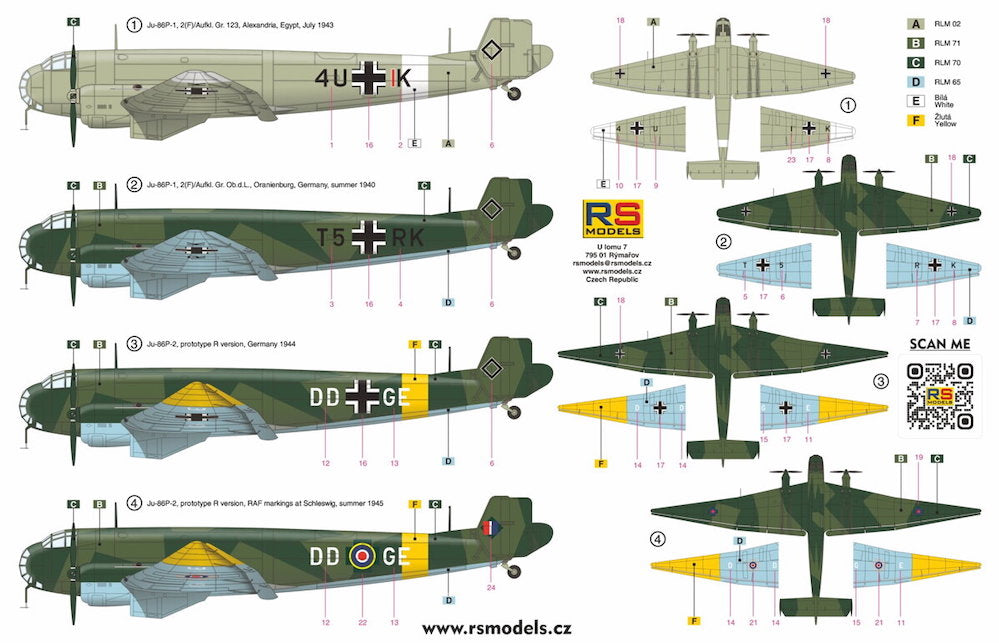 RS Models 92276 1:72 Junkers Ju-86P 4 decal v. for Luftwaffe, Great Britain