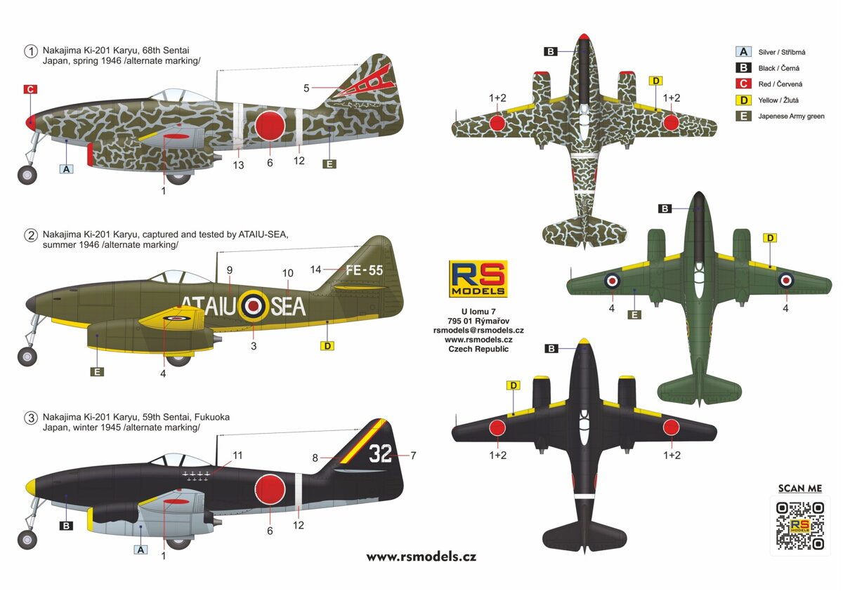 RS Models 92279 1:72 Nakajima Ki-201 "Karyu" 3 decal v. for Japan, RAF