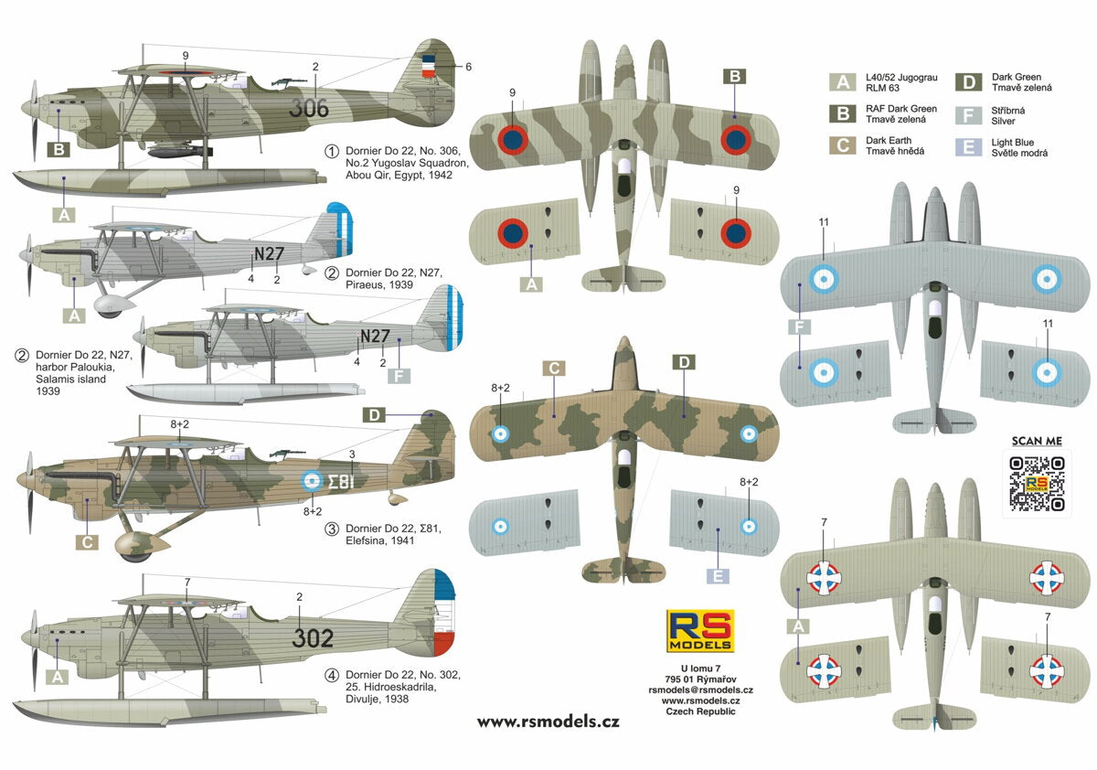 RS Models 92281 1:72 Dornier Do-22 4 decals for Yugoslavia x 2 and Greece x 2