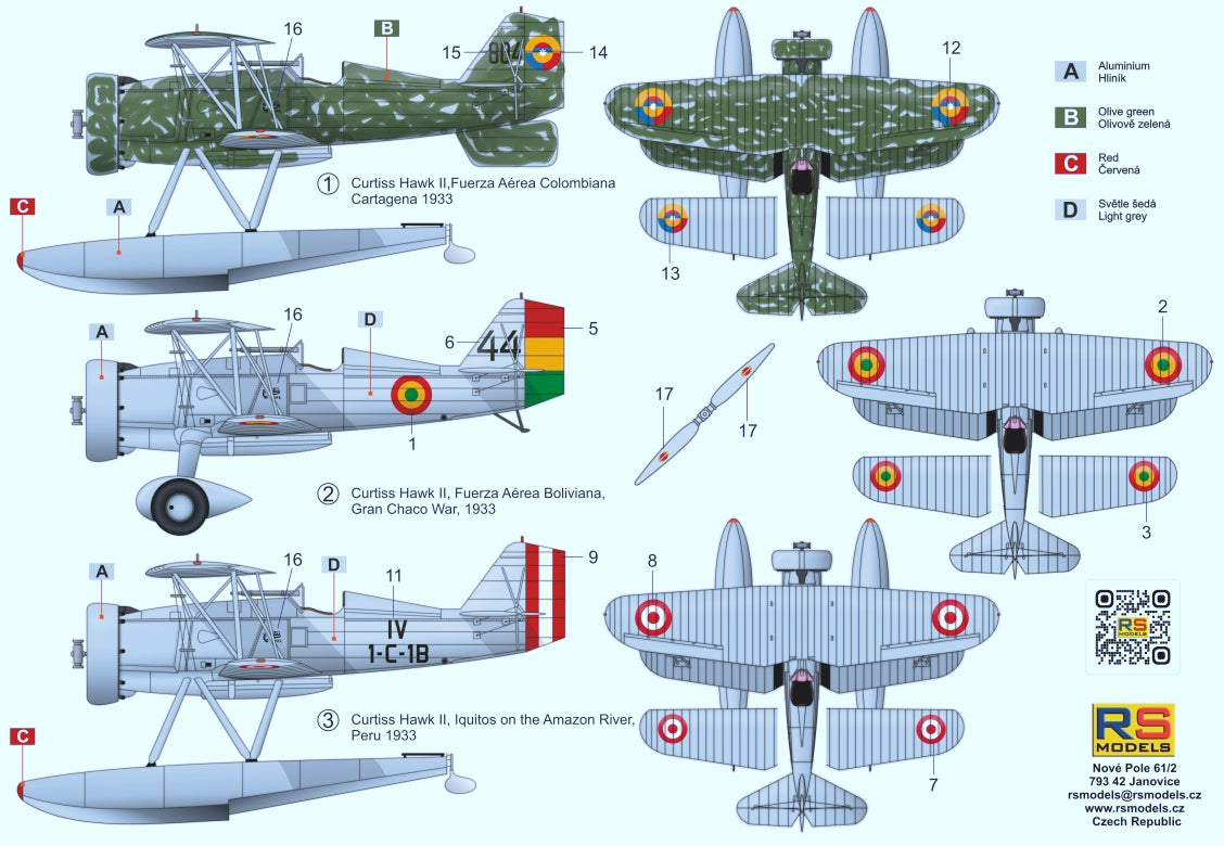 RS Models 92293 1:72 Curtiss Hawk II Grand Chaco 3 decal options for Colombia, Peru and Bolivia
