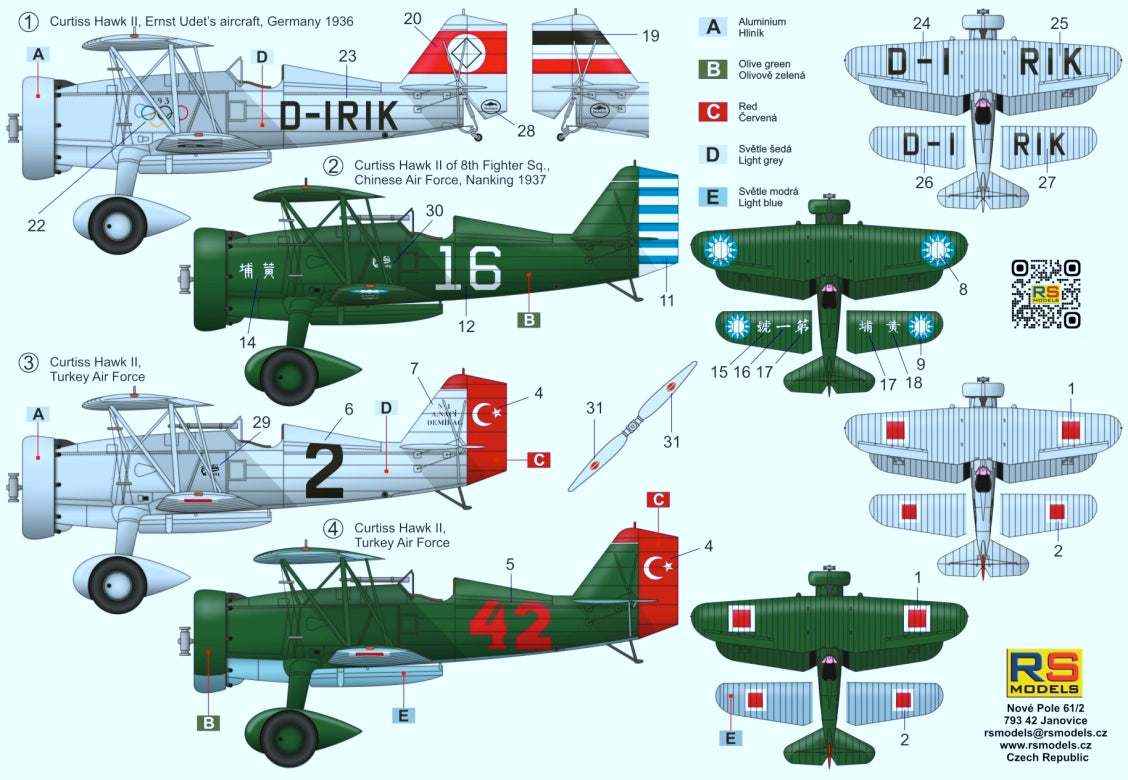RS Models 92294 1:72 Curtiss Hawk II 'Udet ' 4 decal ver