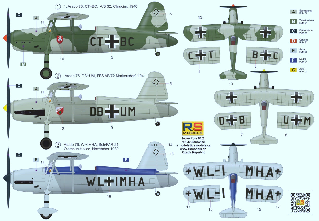 RS Models 92295 1:72 Arado Ar-76 Light Fighter 3 decal ver. for Luftwaffe