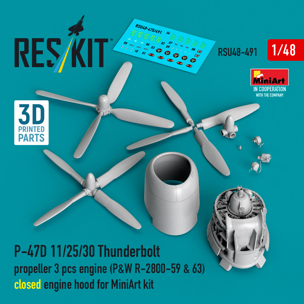ResKit RSU48-0491 1:48 P-47D 11/25/30 Thunderbolt propeller (3 pcs), engine (P&W R-2800-59 & 63) closed engine hood