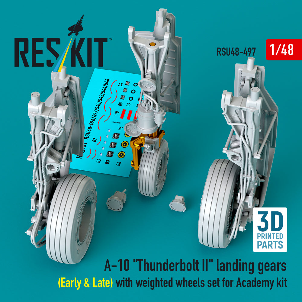 ResKit RSU48-497 1:48 Fairchild A-10C Thunderbolt II landing gears (Early & Late) with weighted wheels set (designed to be used with Academy kits) (Metal+3D-Printed)