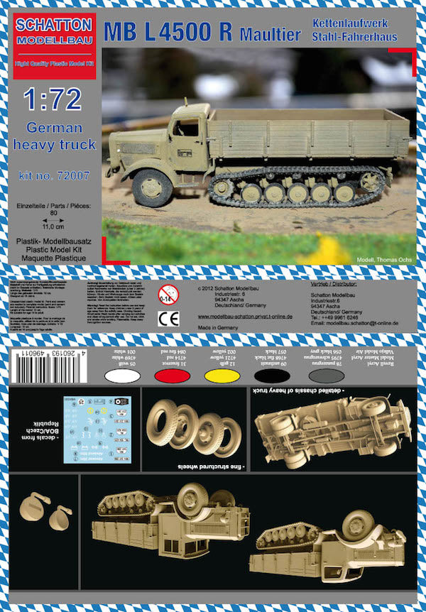 Schatton Modellbau 72007 1:72 Mercedes MB L-4500 R Maultier Kettenlaufwerk Stahl-Fahrerhaus
