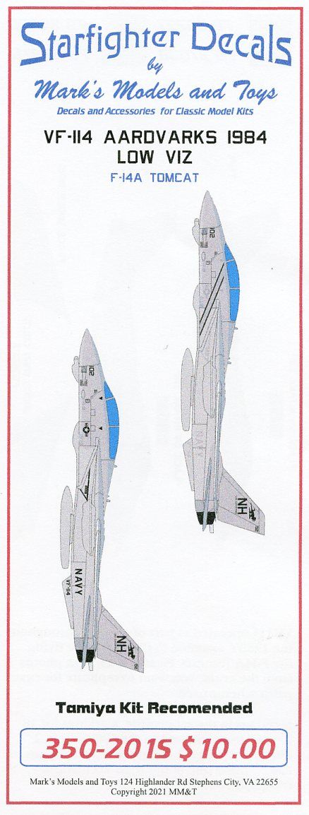 Starfighter Decals 350201 1:350 Markings for 18 'Low Viz' aircraft from VF-114 assigned to CVW-11 aboard the USS Enterprise