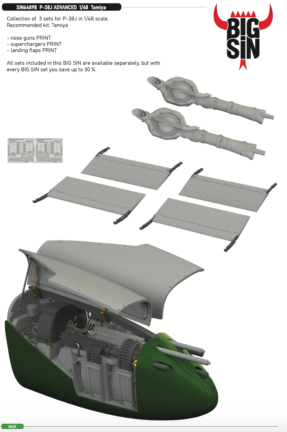 Eduard Brassin SIN64898 1:48 P-38J Lightning ADVANCED to be used with Tamiya