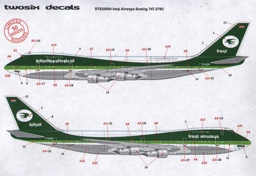 26 Decals STS20004 1:200 Boeing 747-270C IRAQI Airways YI-AGN/O/P
