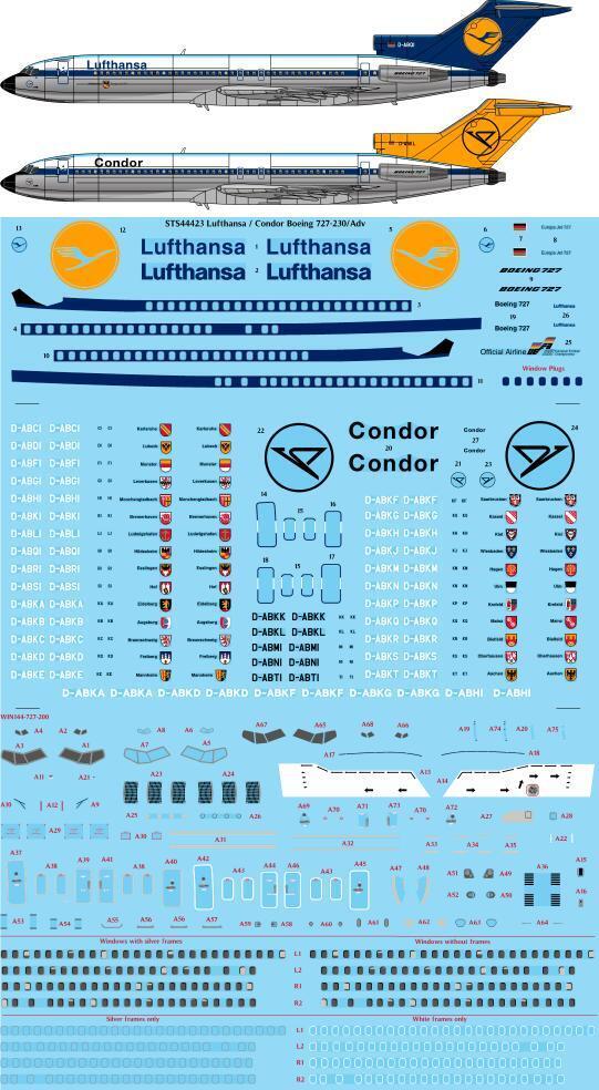 26 Decals STS44423 1:144 Lufthansa / Condor Boeing 727-230 Screen Printed Decal