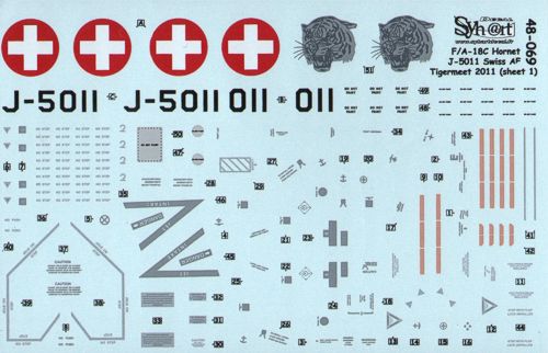 Syhart Decal 48069 1:48 F/A-18C Hornet Swiss Air Force J-5011, NATO Tigermeet 2011 with striking Tiger heads on fins