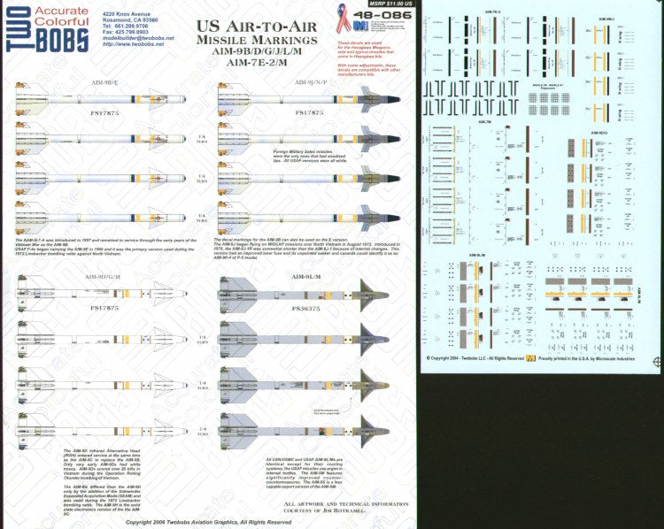 Two Bobs 48086 1:48 U.S. Air-to-Air Missile Markings for AIM-9B/D/G/J/L/M and AIM-7E-2/M.