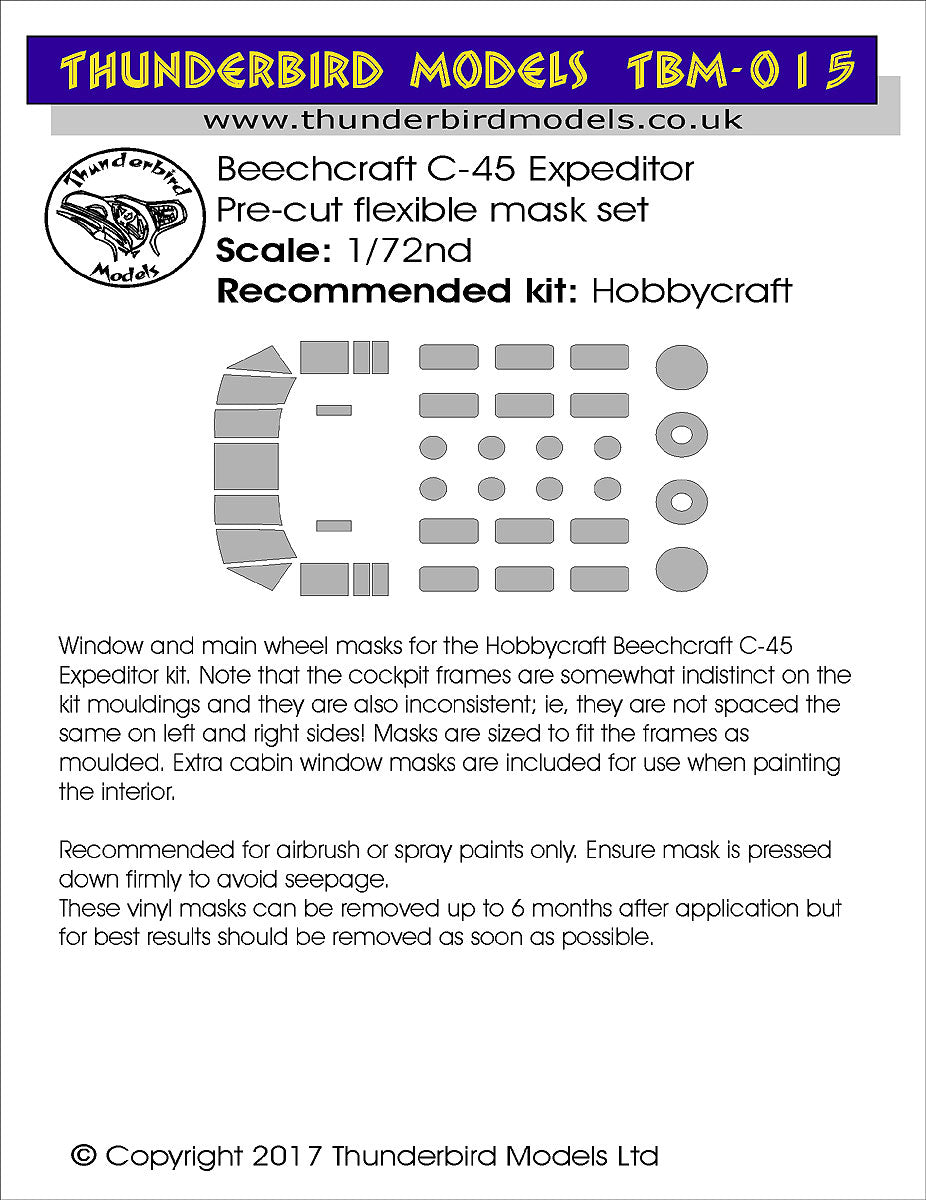 Thunderbird Models TBM-015 1:72 Beechcraft C-45 Expeditor Pre-cut flexible mask set