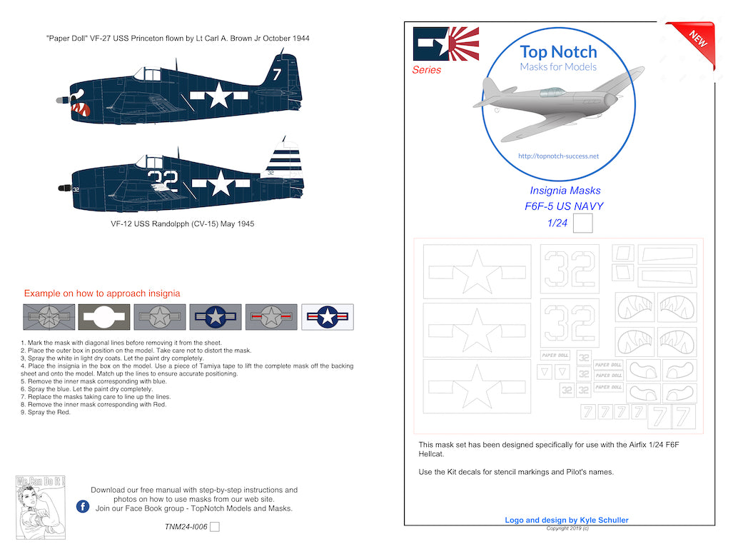 TopNotch TNM24-I006 1:24 Grumman F6F-5 Hellcat US Navy national insignia paint mask and VF-27 USS Princeton