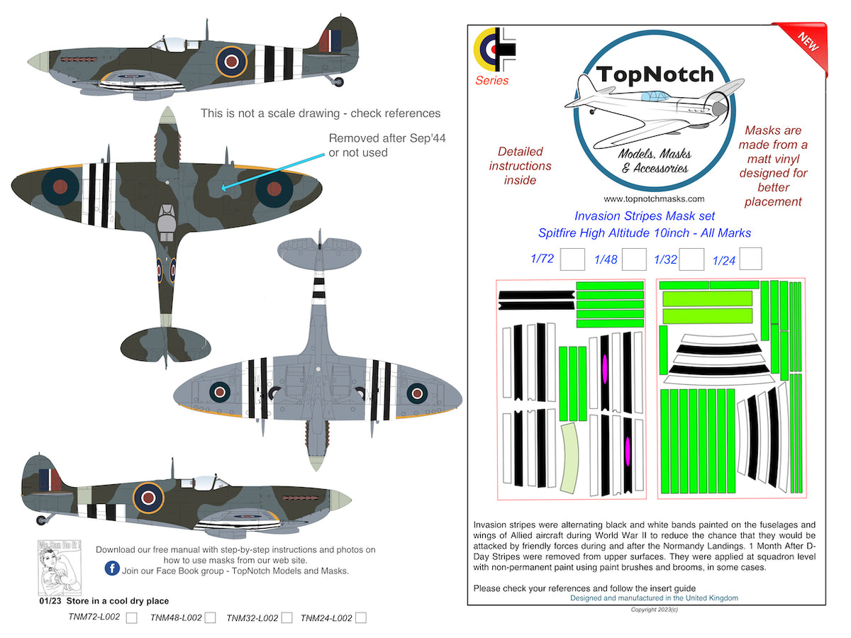 TopNotch TNM24-L002 1:24 Supermarine Spitfire High Altitude 10inch Invasion stripes