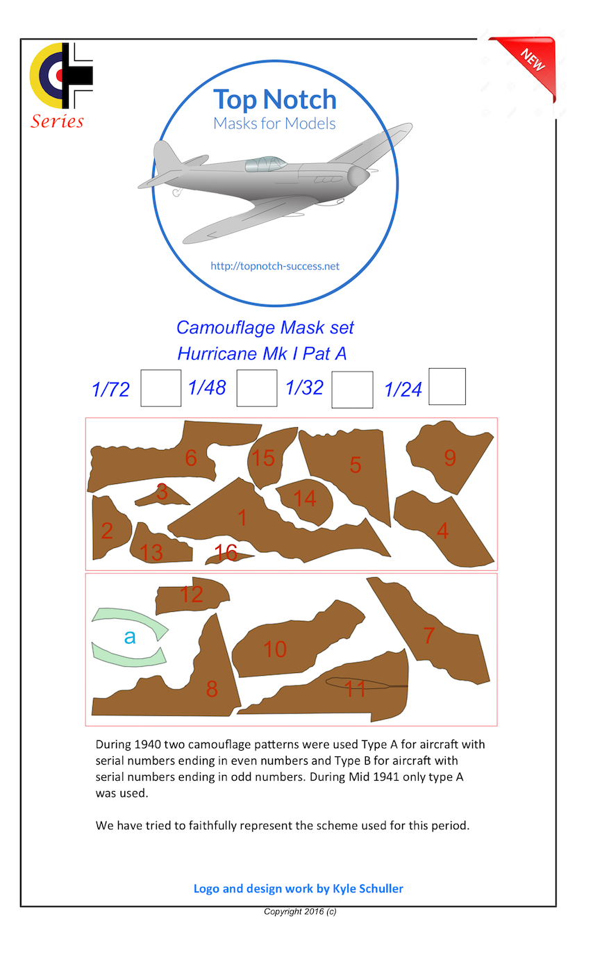 TopNotch TNM24-M010 1:24 Hawker Hurricane Mk.I Pattern A camouflage pattern paint masks